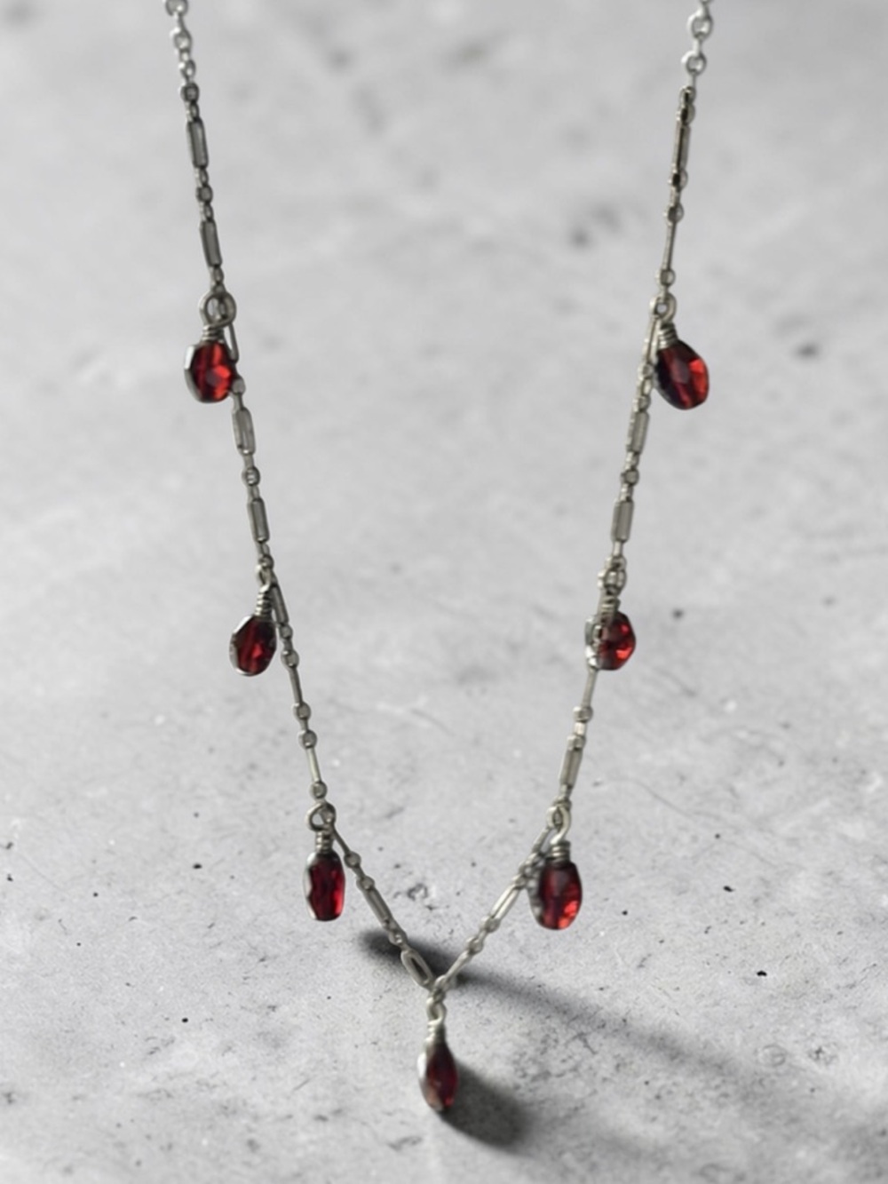 Vintage Sterling Silver Necklace with Faceted Genuine Garnet Dangling Stones